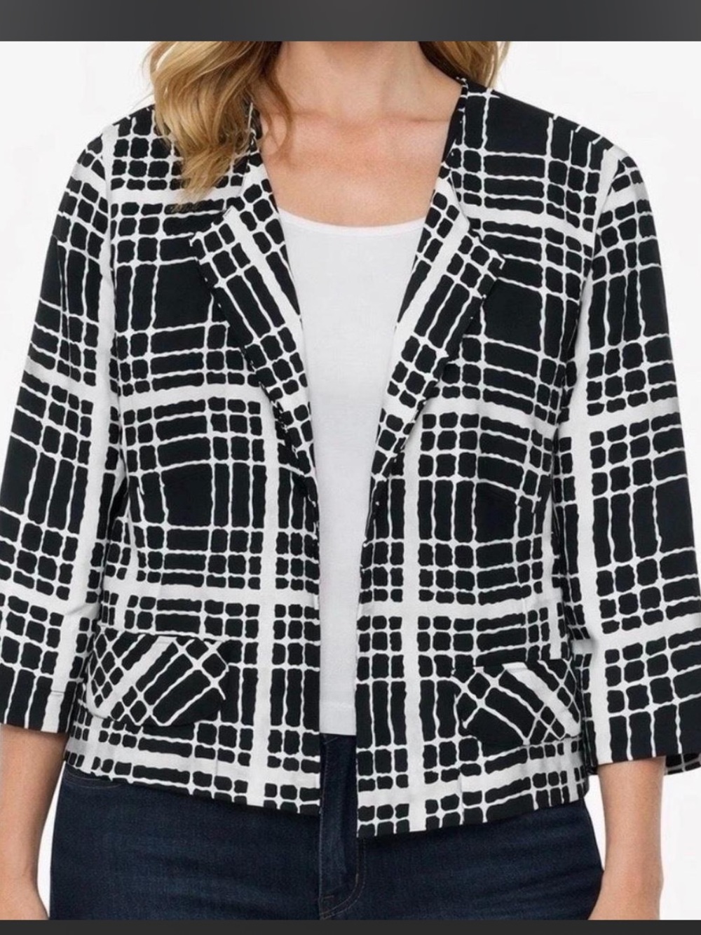 50%offw❤️ Pendleton Women’s 100% Silk Open Front Blazer black white 12 #42
